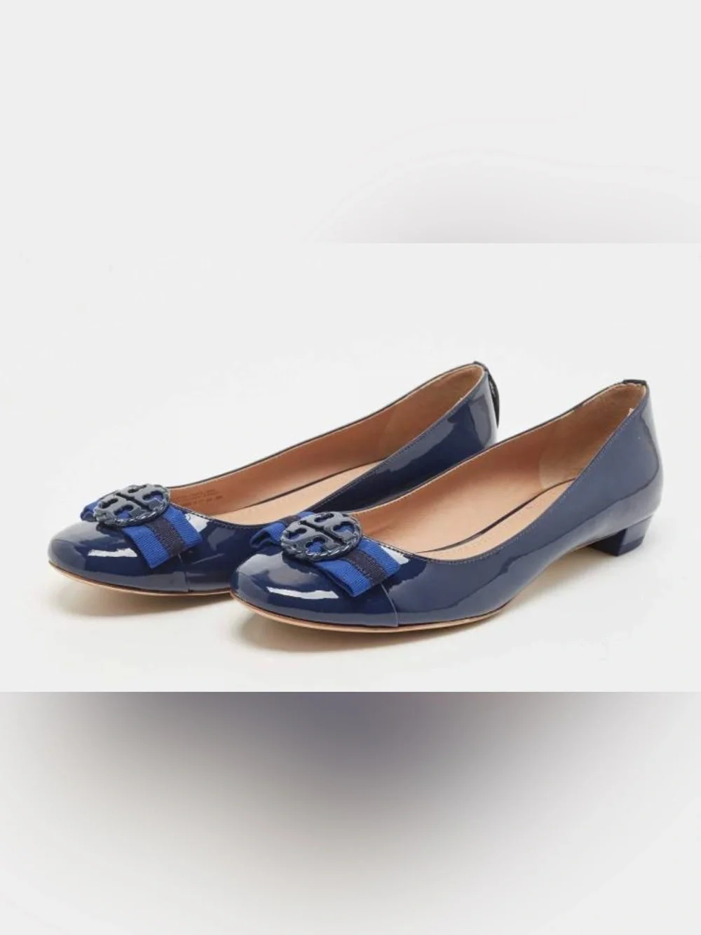 Tory Burch Navy Patent Leather Ballet Flats Logo Bow Sz 6.5M